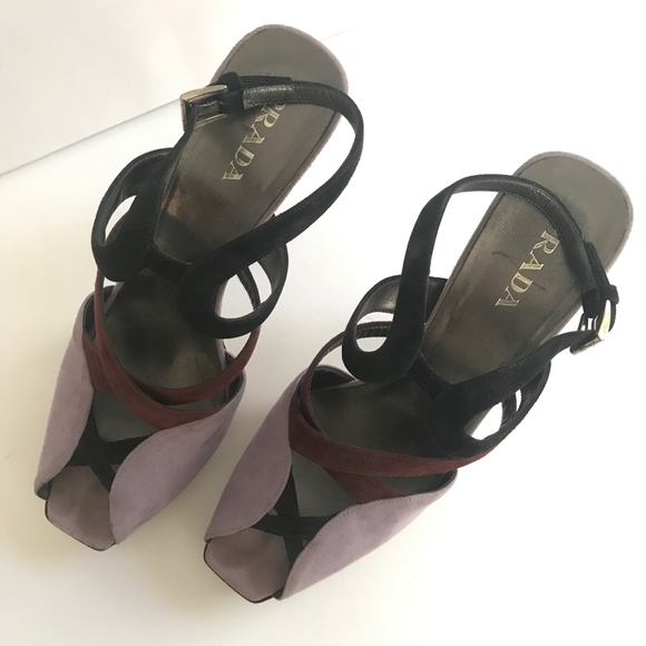 Prada Suede Platform Heels Sandals 40 Strappy Shoe - Picture 4 of 8